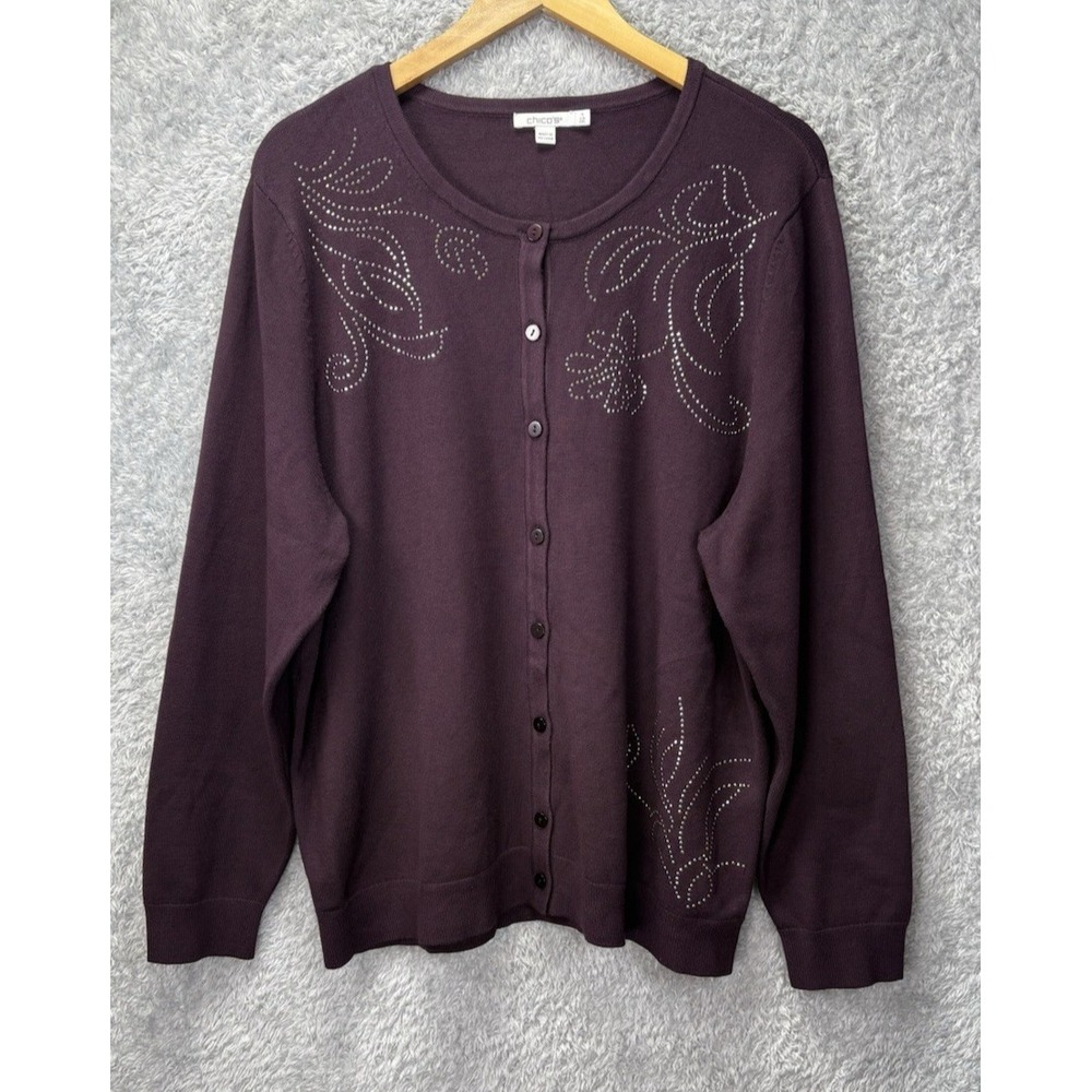 Chicos Womens 4 XXL Purple Cardigan Sweater Rhinestone Floral Button Front
